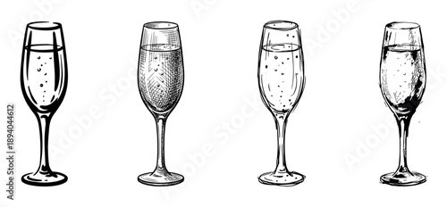 Collection of four champagne glasses hand-drawn in various sketch and engraving styles, filled with bubbly sparkling wine for a festive celebration or special occasion