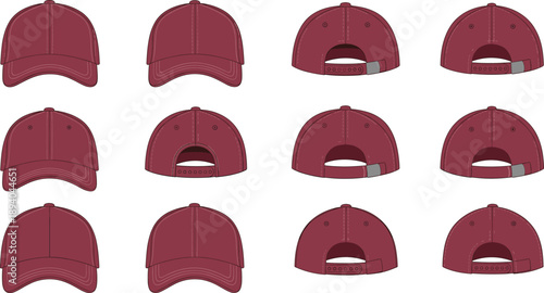 Baseball Cap Back and Front View Icon Set Showing Adjustable Snapback Headwear Angles for Apparel Design, Fashion Branding, and Merchandise Graphics