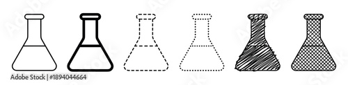 Laboratory conical flask icon set with six different black and white graphic styles including line art, dashed, dotted, scribble, and cross-hatch for scientific illustration