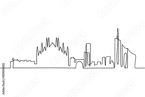 Minimalist continuous line drawing of a modern city skyline