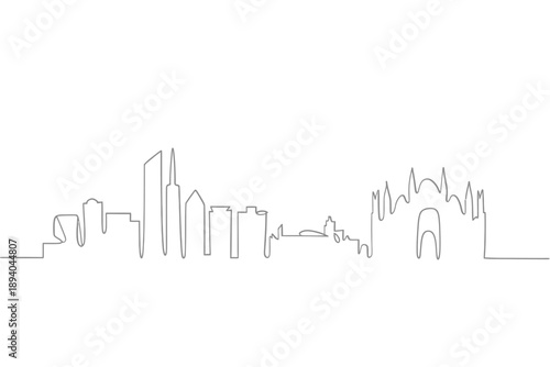 Minimalist line drawing depicting a modern city skyline in monochrome
