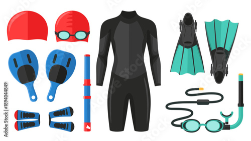 Flat design scuba diving and swimming gear set with wetsuit, flippers, and snorkel