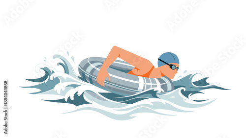 Swimmer navigating ocean waves with inflatable swim ring