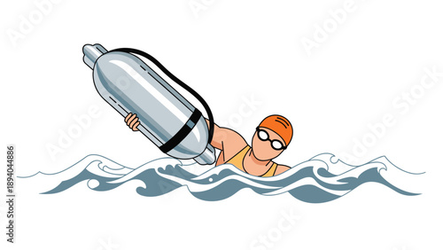 Swimmer with buoy navigating waves in cartoon style