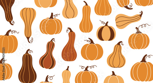 Seamless repeating pattern of various pumpkins and squashes in warm orange and brown tones for autumn and Thanksgiving decorations.