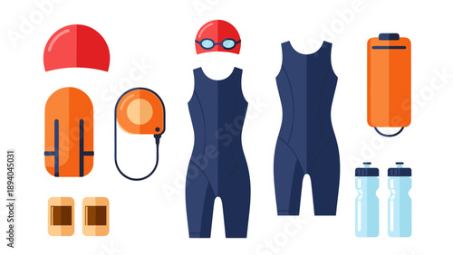 Triathlon gear essentials in flat design featuring sporty swimsuits, accessories, and equipment