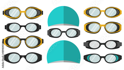 Swimming goggles and caps set in flat design style