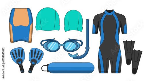 Swimming gear collection featuring modern swimsuits, snorkel, and accessories in flat design