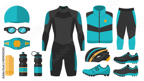Triathlon gear set with wetsuit, shoes, and accessories in flat design