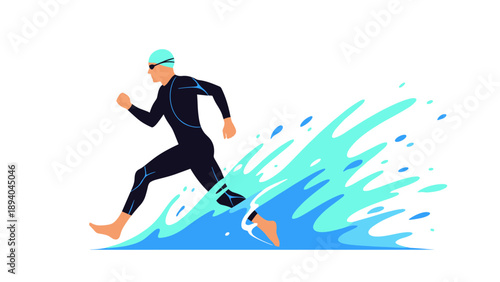 Dynamic aquatic athlete running through splashes in stylish triathlon suit