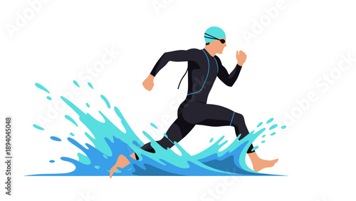 Triathlete in wetsuit running through water with dynamic splashing motion