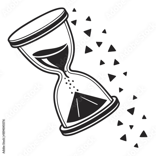 Minimal hourglass icon with falling geometric shapes