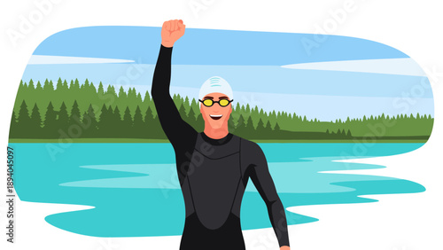 Triathlete celebrating success in open water swim with nature backdrop