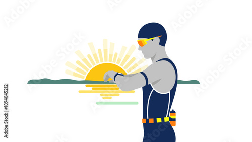 Athlete tracking progress in colorful minimalist triathlon scene at sunrise