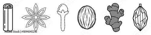 Collection of six spice icons featuring cinnamon, star anise, clove, nutmeg, ginger, and cardamom, illustrated in diverse black and white line art styles like dotted, dashed, and geometric