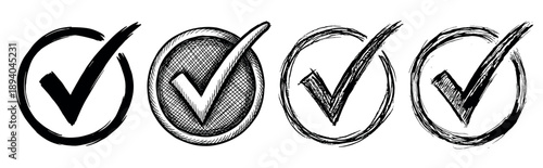Collection of four hand-drawn check marks inside circles, a set of black ink sketch icons with various textures like brush strokes and cross-hatching for marking correct choices