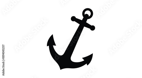 A stark black silhouette of a traditional maritime anchor is prominently displayed against a clean white background silhouette high quality