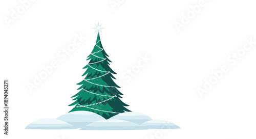 Simple stylized evergreen Christmas tree decorated with a glowing white garland standing on a pile of snow for a minimalist holiday look.