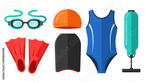 Essential swimming gear: goggles, cap, swimsuit, and more in flat design