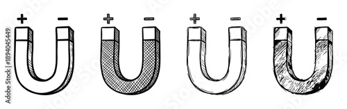 Four hand-drawn U-shaped horseshoe magnets with positive and negative poles, illustrated in a black and white sketch style with various doodle textures and shading techniques