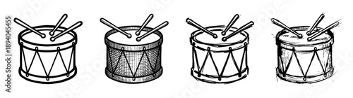 Set of four hand-drawn snare drums with drumsticks, showcasing different artistic illustration styles from clean line art to rough, expressive sketching and cross-hatching