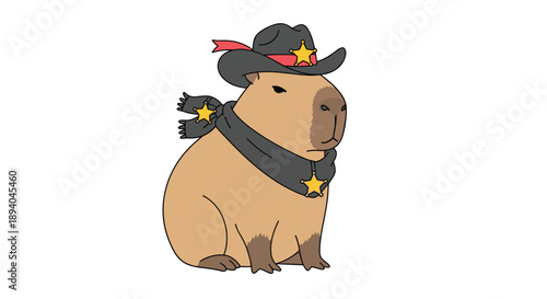 Funny capybara character dressed as a sheriff with a cowboy hat and a scarf featuring gold stars in a cute cartoon style.