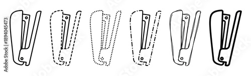 Set of six black stapler icons with different outline styles including solid, dashed, dotted, and hand-drawn variations, representing office equipment and stationery