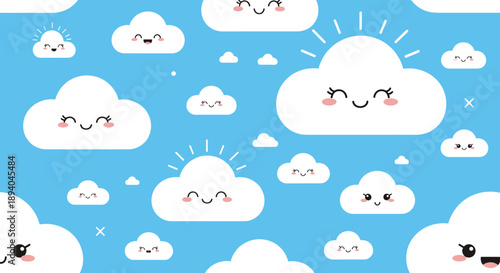 Seamless pattern for children featuring happy smiling clouds and suns with faces on a light blue background for nursery decor.