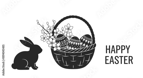 Minimalist black and white silhouette illustration of an Easter basket with decorated eggs and a bunny for holiday greeting cards.