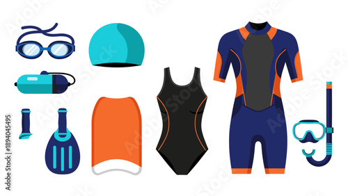 Essential swimming and diving gear: suit, fins, snorkel, and mask collection