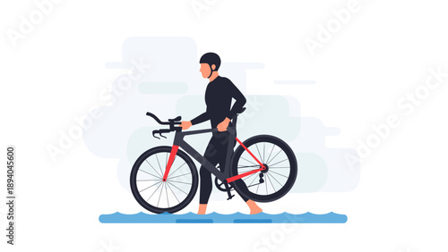 Cyclist in black outfit walking on water with red bike flat design