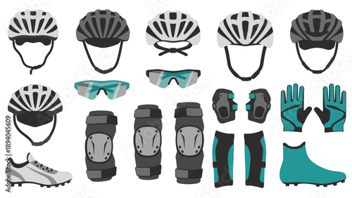 Cycling gear set with helmets, gloves, and protective equipment in flat design