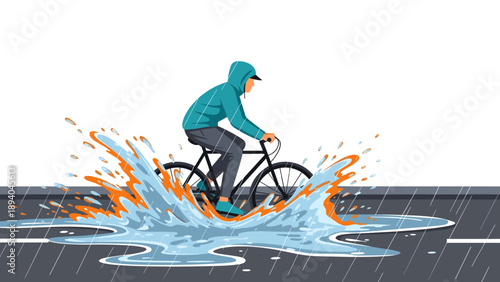 Person biking through puddle splash in rainy weather