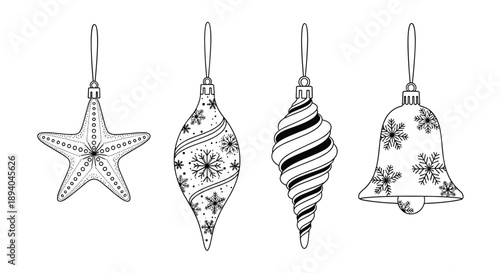 Set of four Christmas tree ornaments shown in a line art style including a star, a finial, a spiral bapple, and a holiday bell.