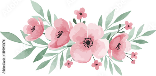 Watercolor illustration of pink peonies and leaves on white background