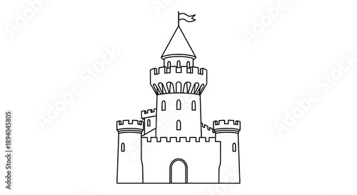 A simple line drawing depicts a medieval castle with a tall turret and flag presented as a silhouette high quality