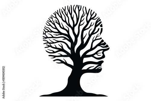 A striking black and white optical illusion of a tree and human profile