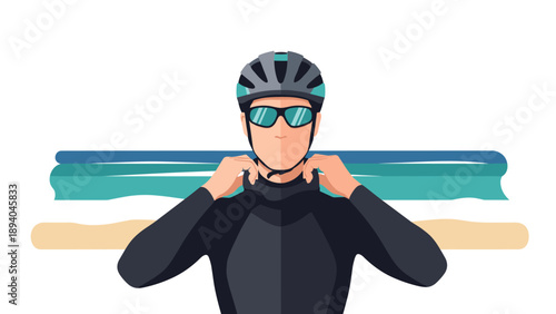 Cyclist prepares for ride along coastal path in flat style illustration