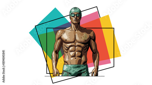 Athletic swimmer in colorful geometric background with modern pop art style