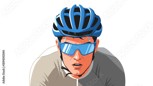 Cyclist in blue helmet and glasses on a ride