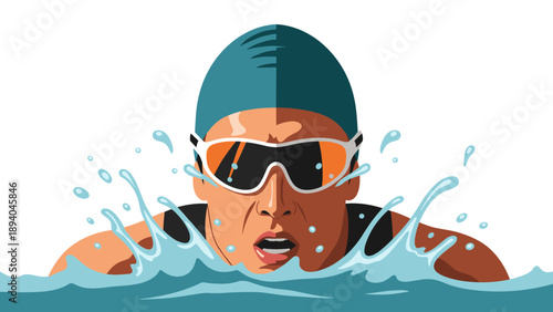 Focused swimmer in action with splashing water close-up