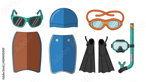 Diving equipment collection featuring snorkel, fins, and goggles in flat design
