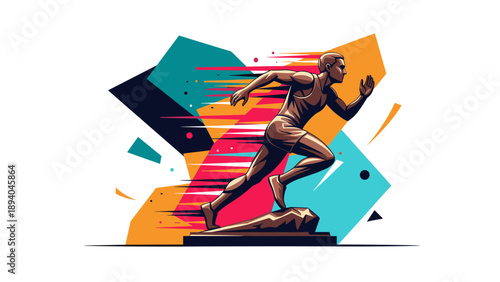 Dynamic athlete running with abstract geometric background in vibrant colors