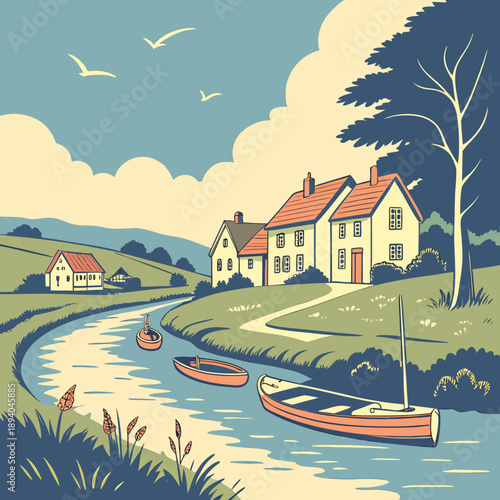Charming Riverside Village with Boats and Reflections