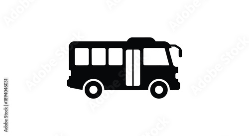 A simple stark black graphic depicts a side view of a passenger bus emphasizing its rectangular form silhouette