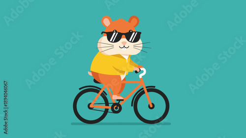 Cool hamster riding a bike with sunglasses on a turquoise background