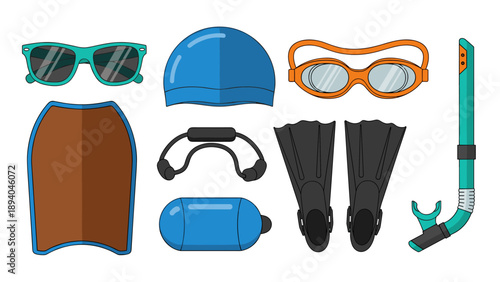 Flat design swimming and snorkeling gear collection including goggles and flippers