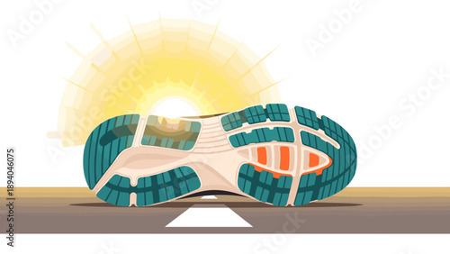 Running shoe sole on road with sunburst background conceptual art
