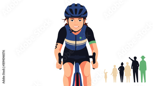 Cyclist in blue gear riding bicycle with helmet and crowd silhouettes