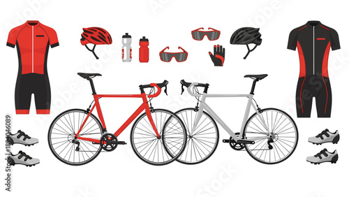Cycling gear set with bicycles and accessories in red and black theme